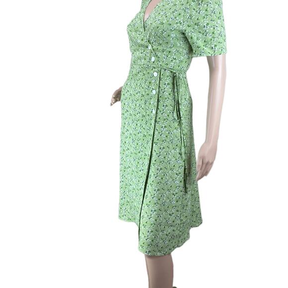 Rouje Green Floral Retro Knee Length Short Sleeve V-Neck Wrap Dress Size S - Picture 3 of 6